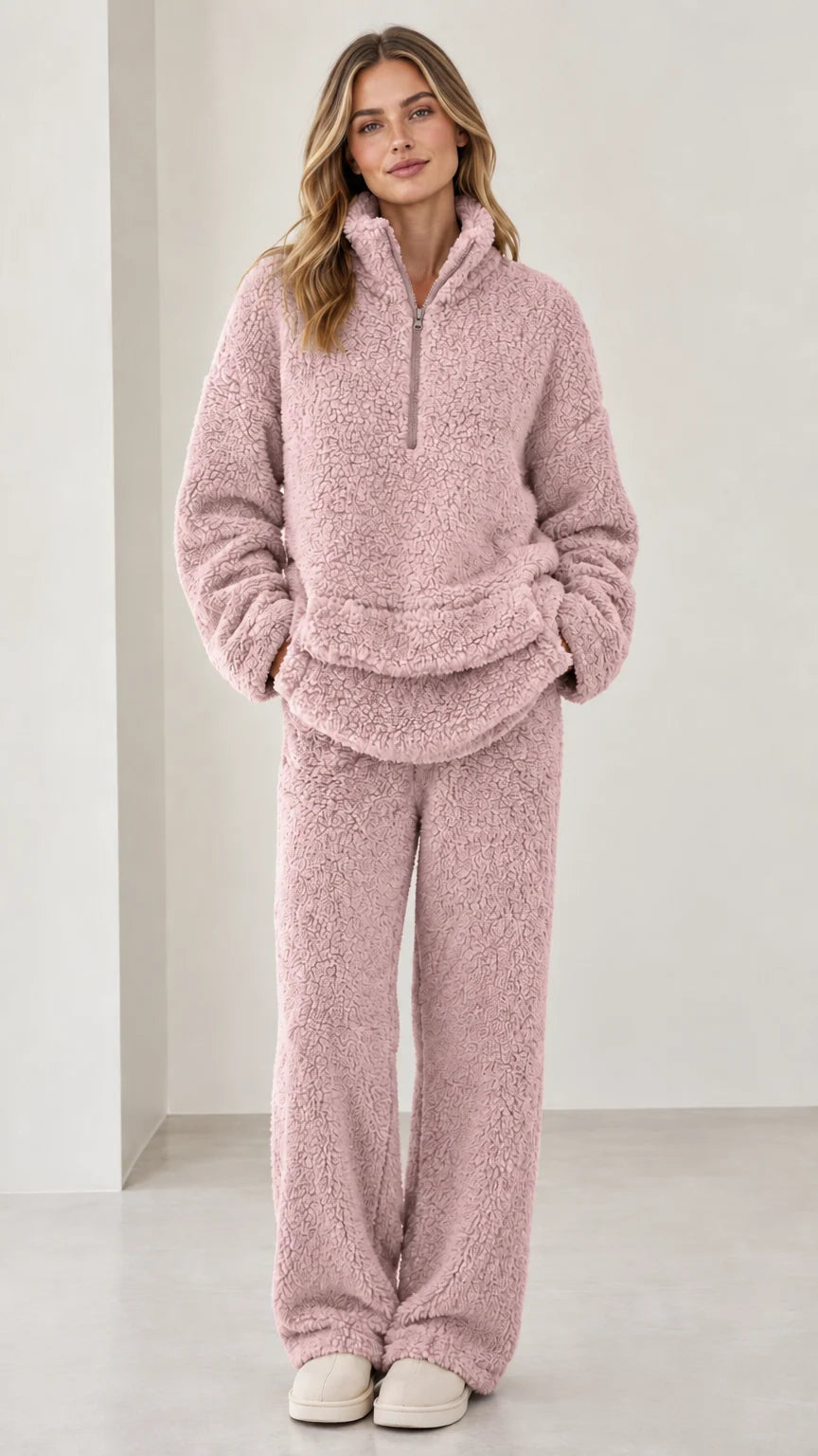 Model wearing dusty pink teddy fleece matching pullover and pant set