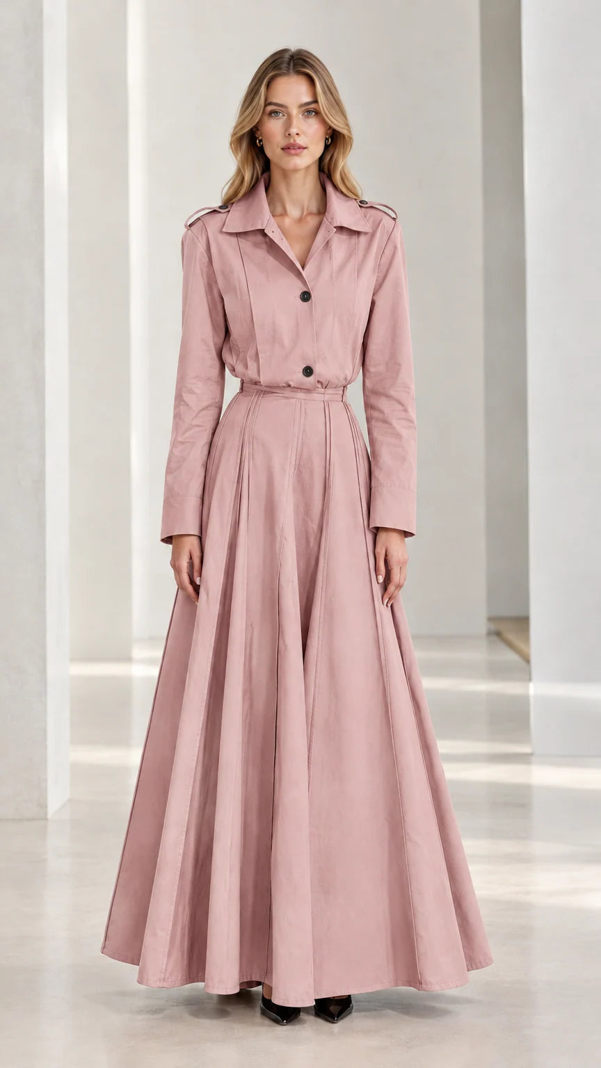 Front view of dusty pink pleated long sleeve trench maxi dress