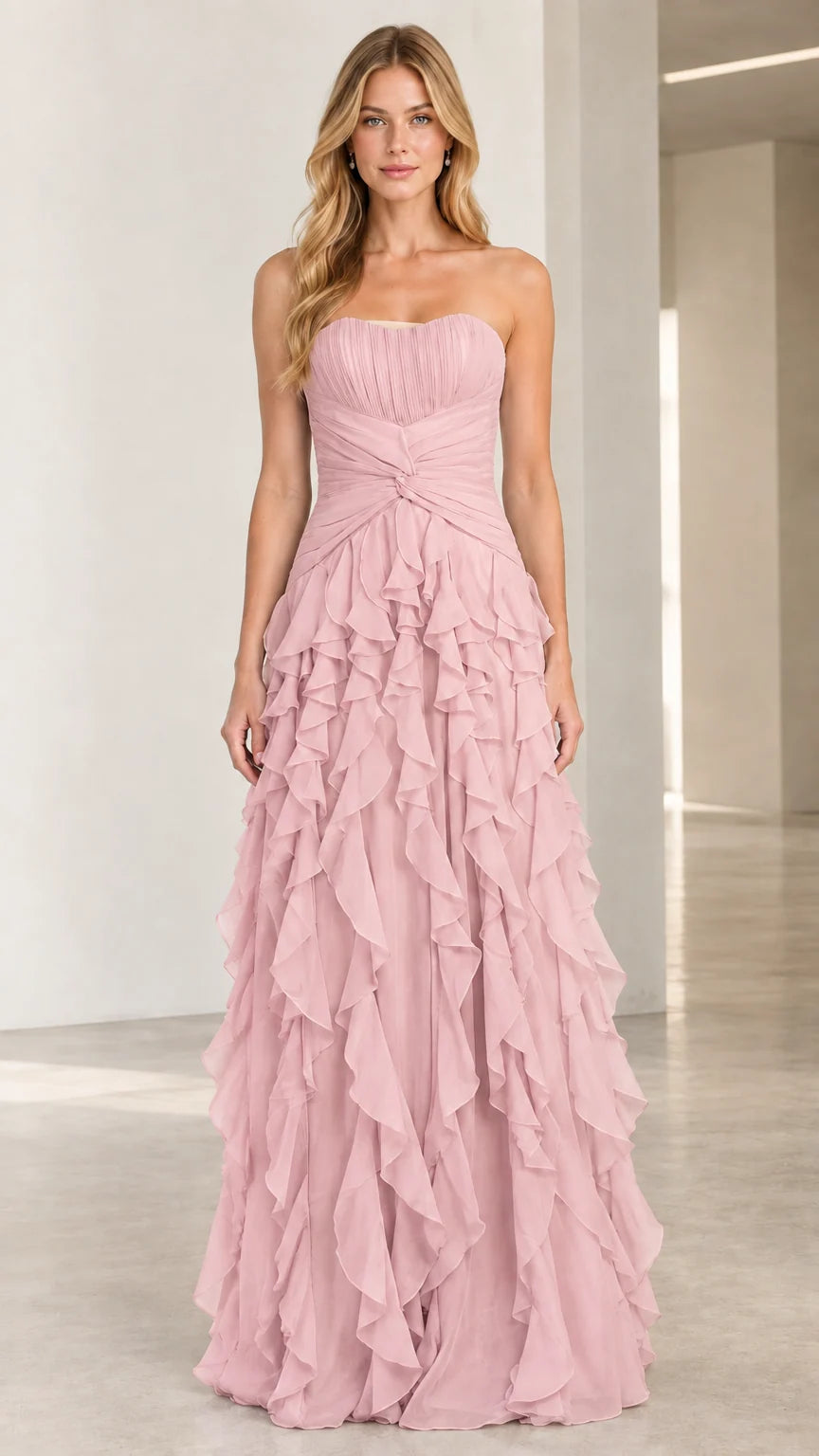 Full-length front view of blush pink strapless tiered ruffle formal gown