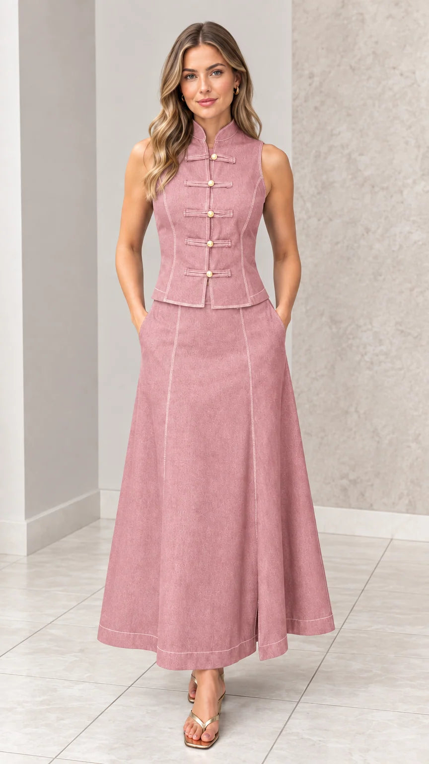 Front full-length view of woman wearing dusty pink mandarin collar vest and maxi skirt set