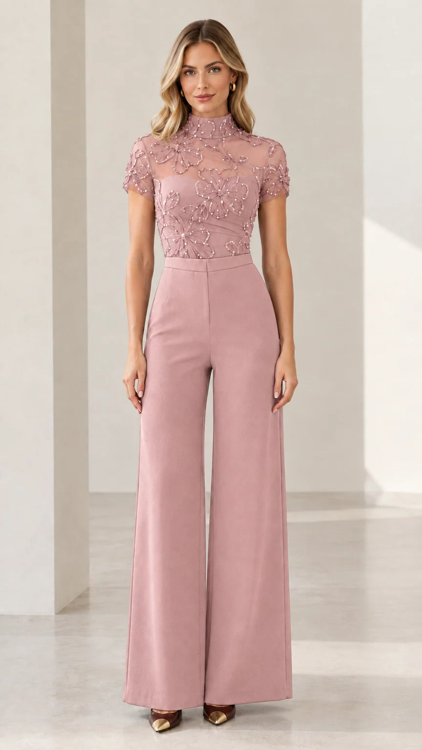 Dusty rose pink sequin embroidered wide-leg formal jumpsuit