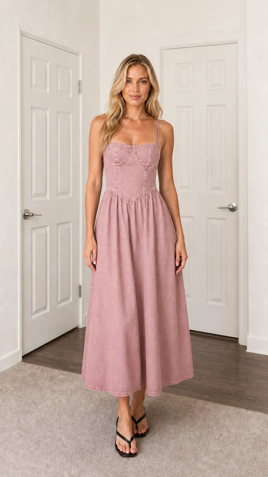 Front view of woman wearing pink denim midi dress