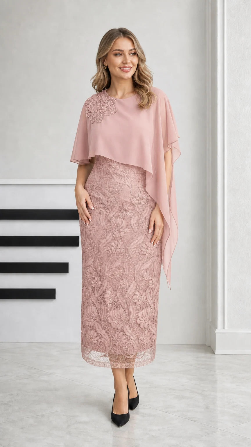 Dusty rose pink embroidered lace midi dress with sheer chiffon capelet