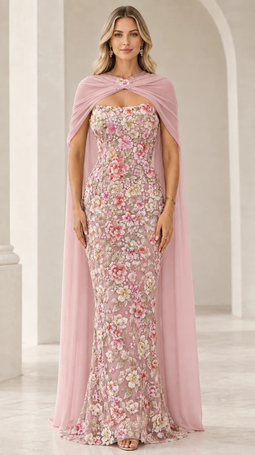 Dusty pink floral embroidered evening gown with sheer rose capelet
