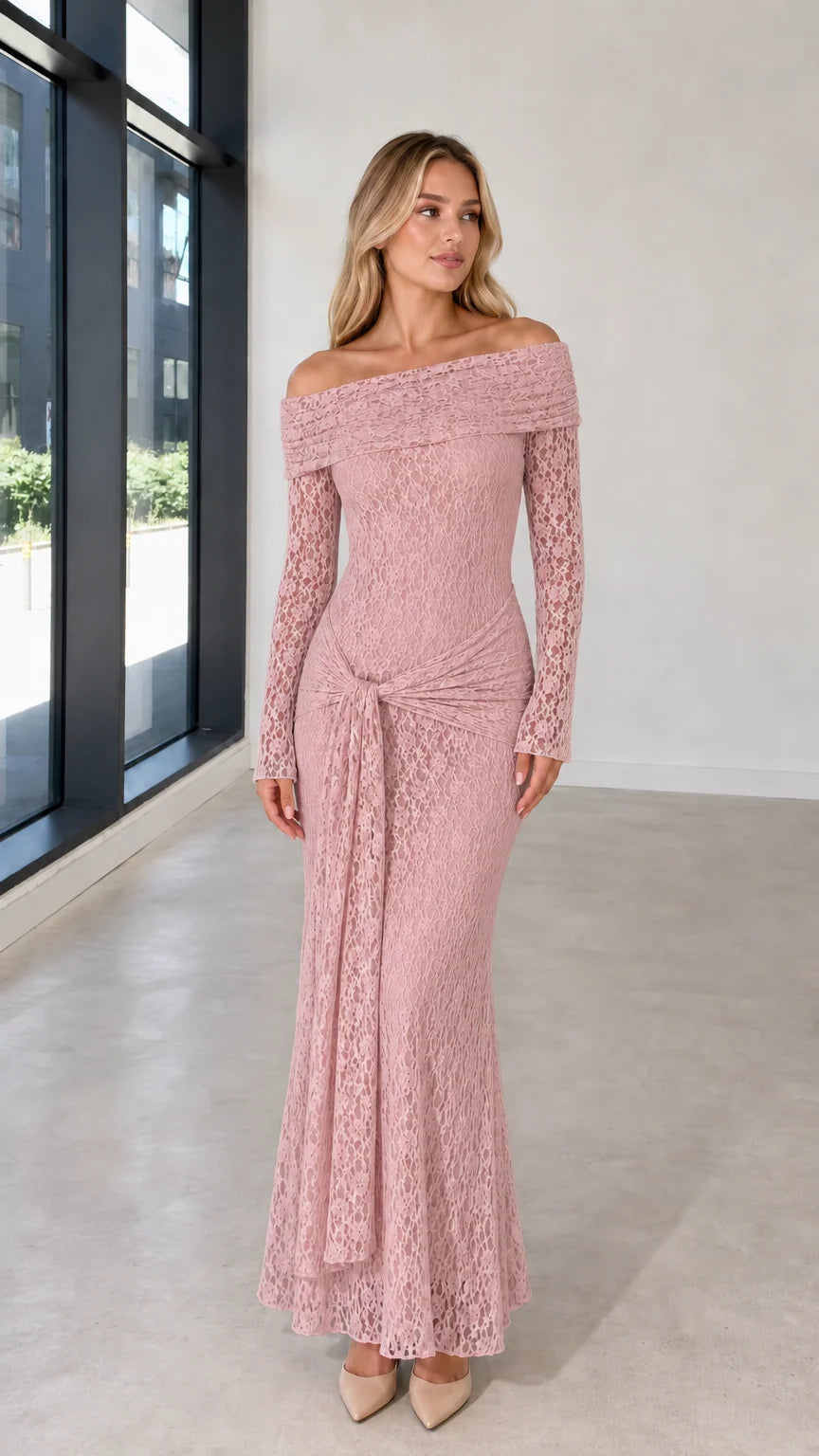 Full front view of model in dusty rose lace evening dress