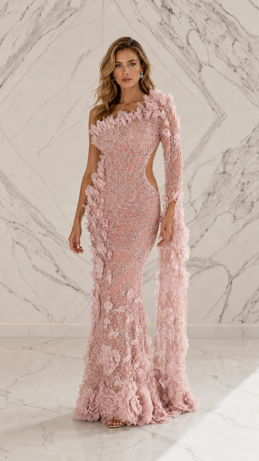 Pink variant of one-shoulder floral cutout evening dress