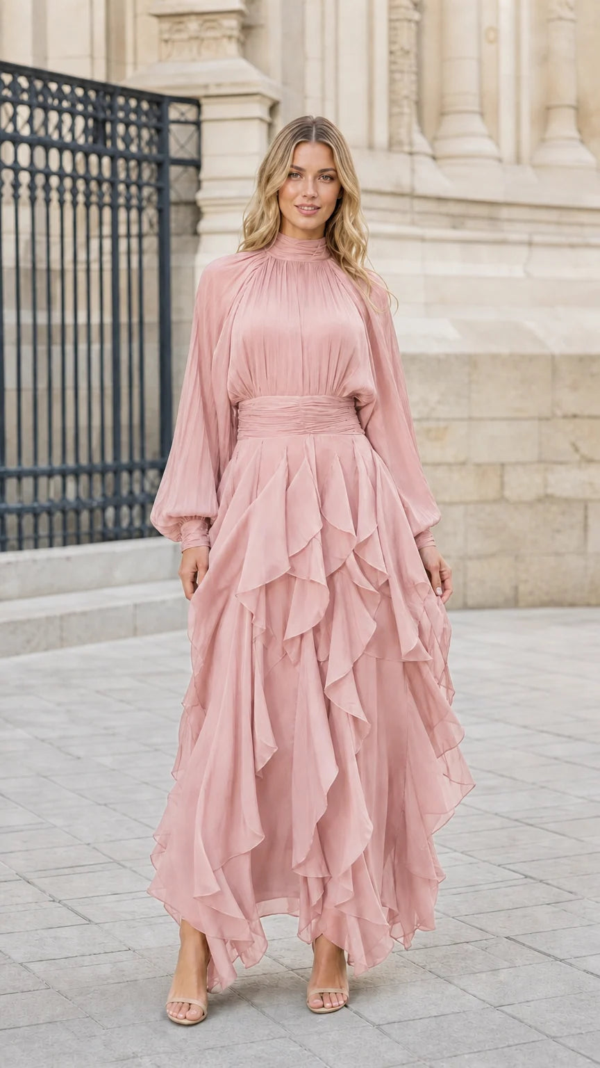 Model wearing blush pink long sleeve tiered ruffle chiffon maxi gown