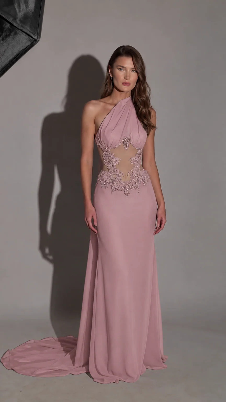 Front view of blush pink one-shoulder beaded waist formal gown