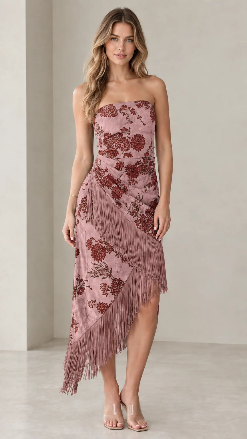 Dusty Rose strapless floral midi dress with matching fringe hem trim
