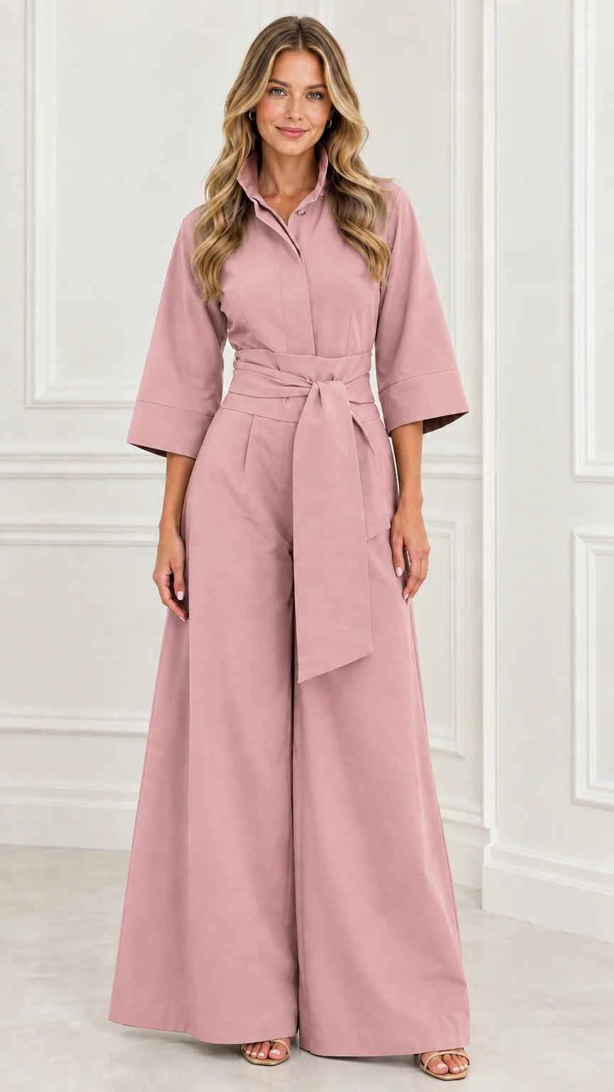 Front view of woman wearing a dusty pink collared wide-leg jumpsuit with belt