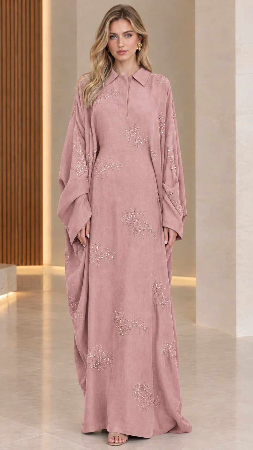 Dusty Rose collared sequin kaftan maxi dress front view