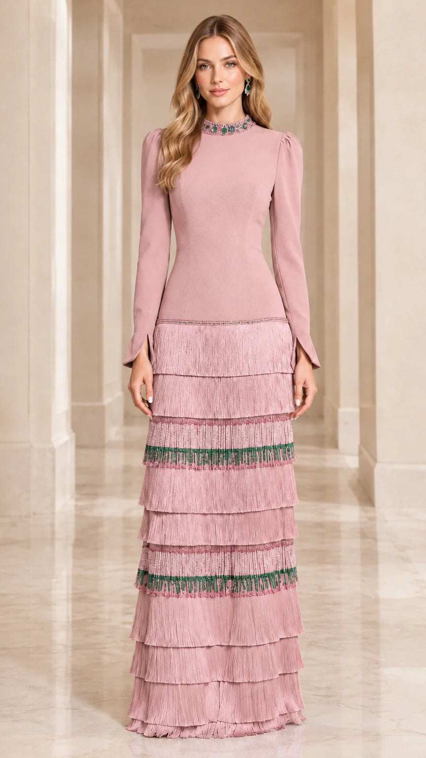 Front view of model wearing Dusty Pink tiered fringe long sleeve evening dress