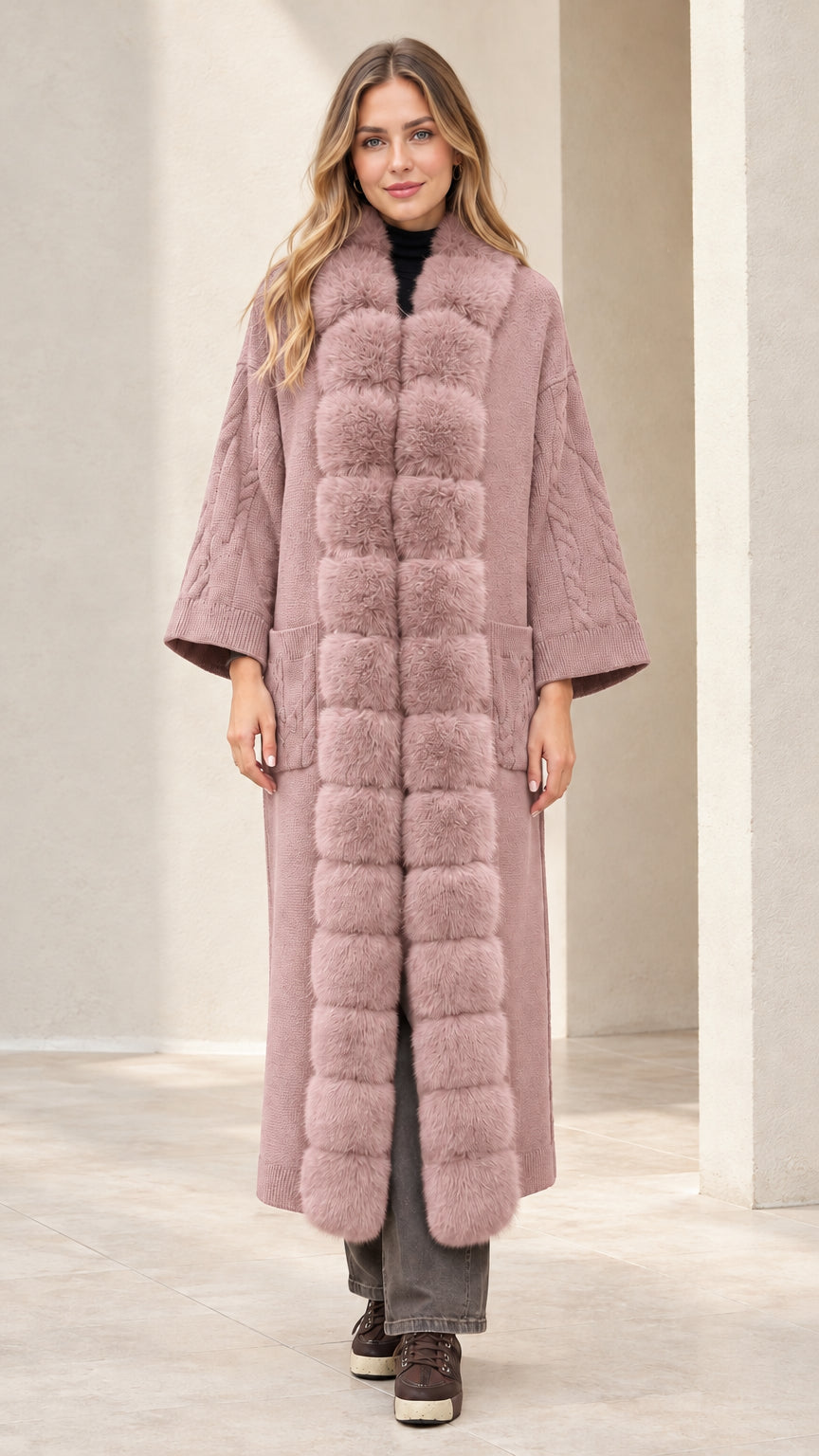 Model wearing dusty rose pink long knit cardigan coat with faux fur trim