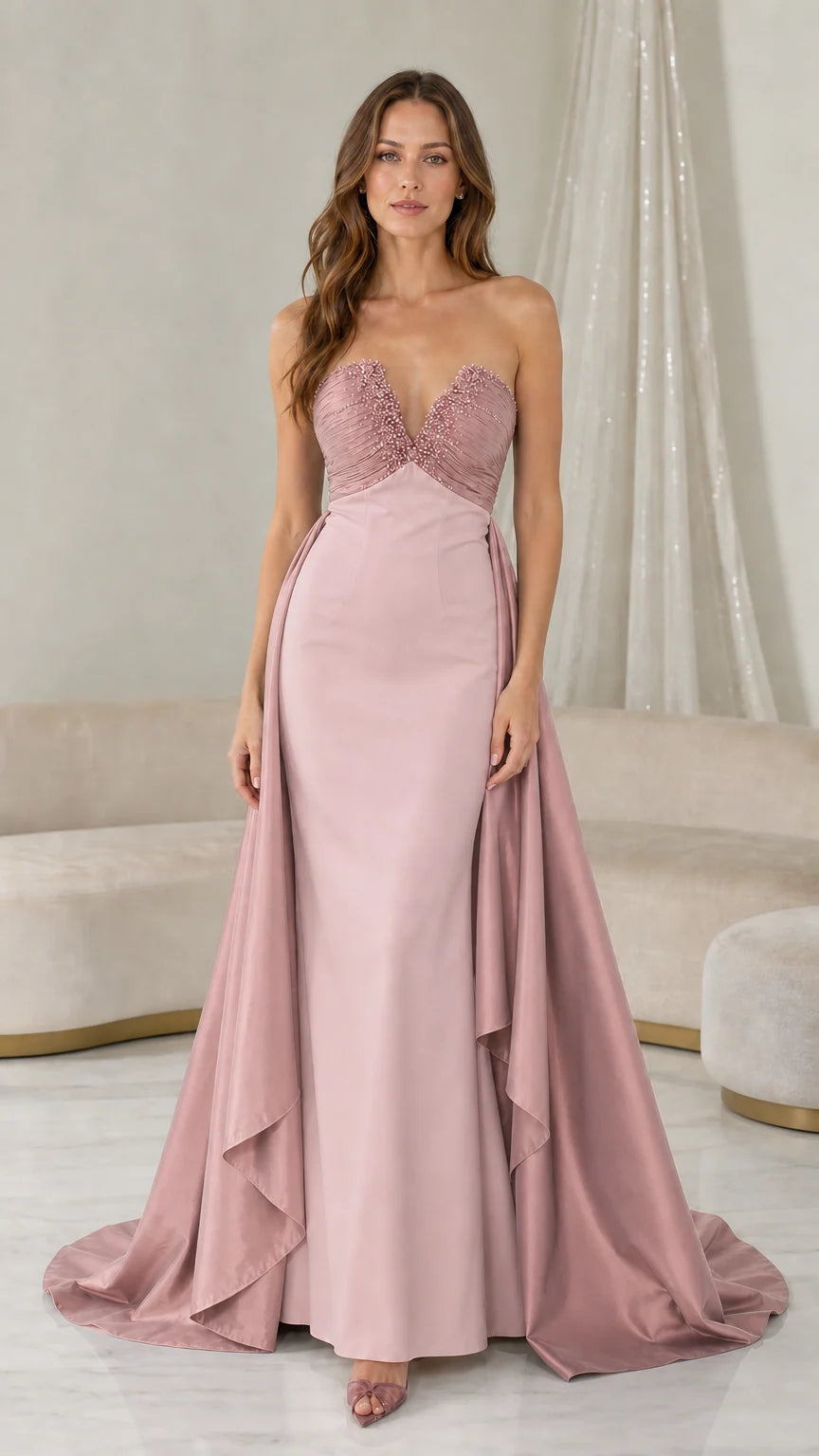 Full length view of dusty rose color variant evening dress