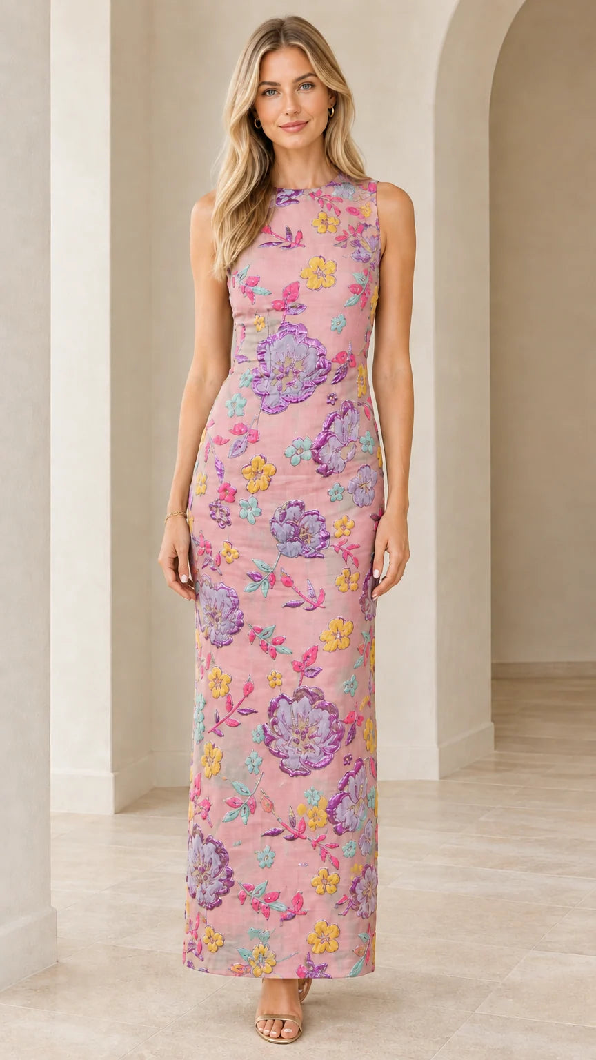 Front view of woman wearing blush pink floral embroidered sleeveless column maxi dress