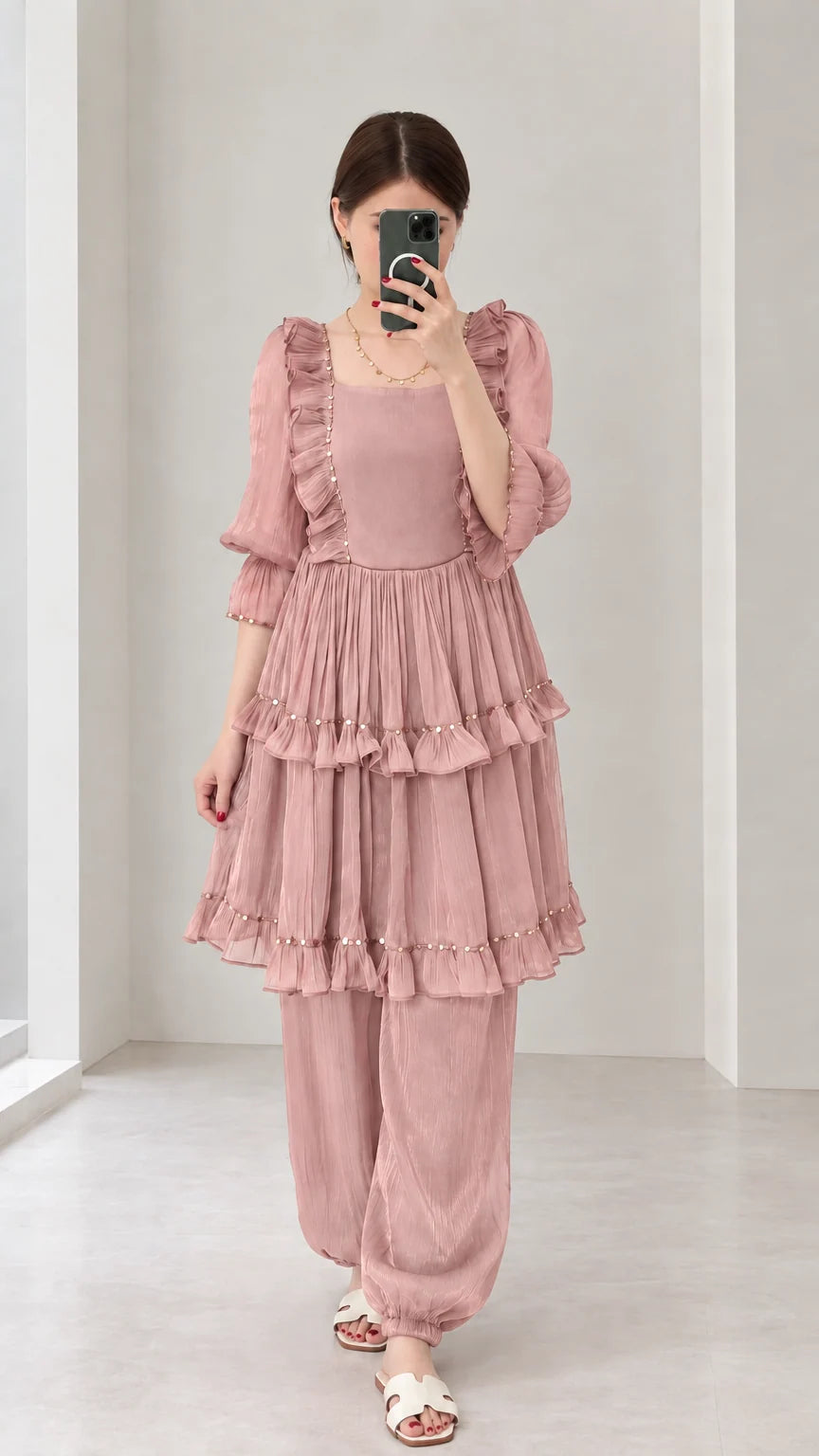 Front view of woman wearing Dusty Pink tiered ruffle square neck two-piece outfit