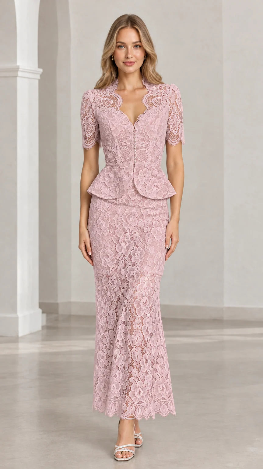 Front view of woman wearing dusty pink floral lace peplum maxi two-piece set