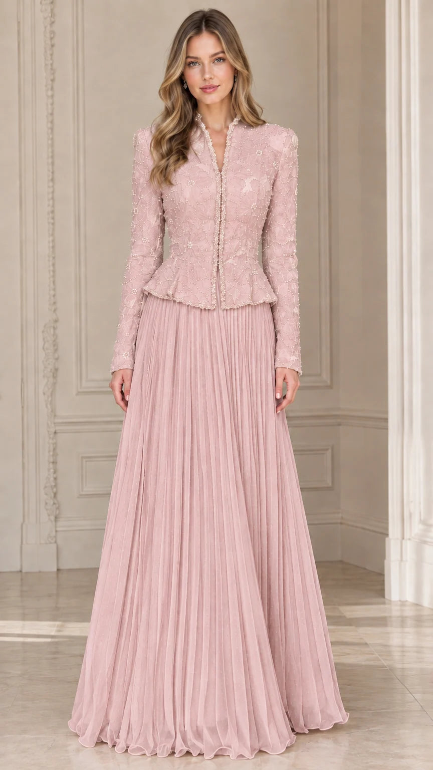 Blush pink embellished peplum jacket and pleated maxi skirt evening set