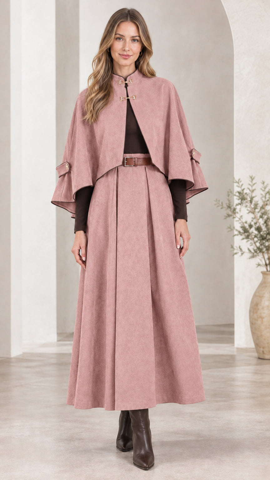 Front view of woman wearing Dusty Rose cape and pleated maxi skirt set