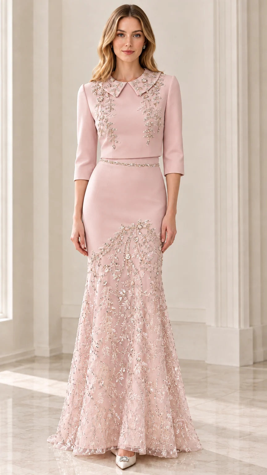 Front view of model wearing Blush Pink embroidered mermaid formal gown
