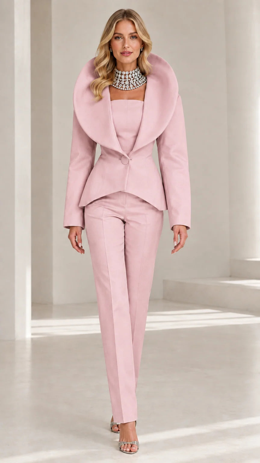 Front view of model wearing elegant Blush Pink tailored portrait collar suit set