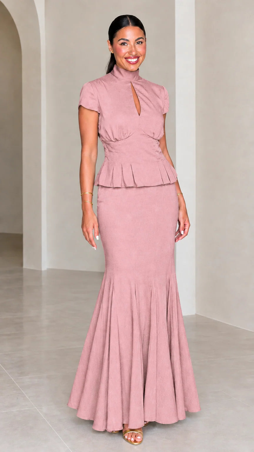 Dusty Pink high neck keyhole peplum mermaid maxi dress set