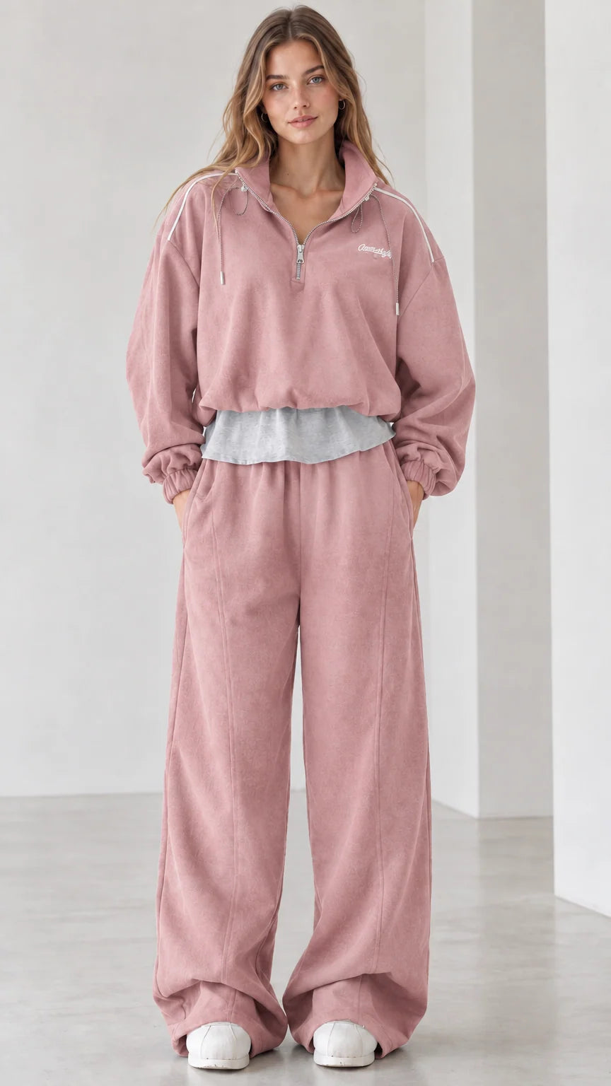 Women's dusty pink half-zip pullover and wide-leg sweatpants two-piece set