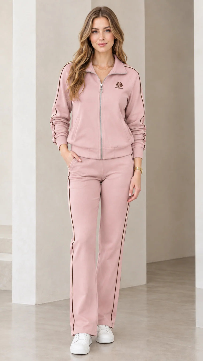 Women's dusty pink two-piece tracksuit set with contrast side stripes