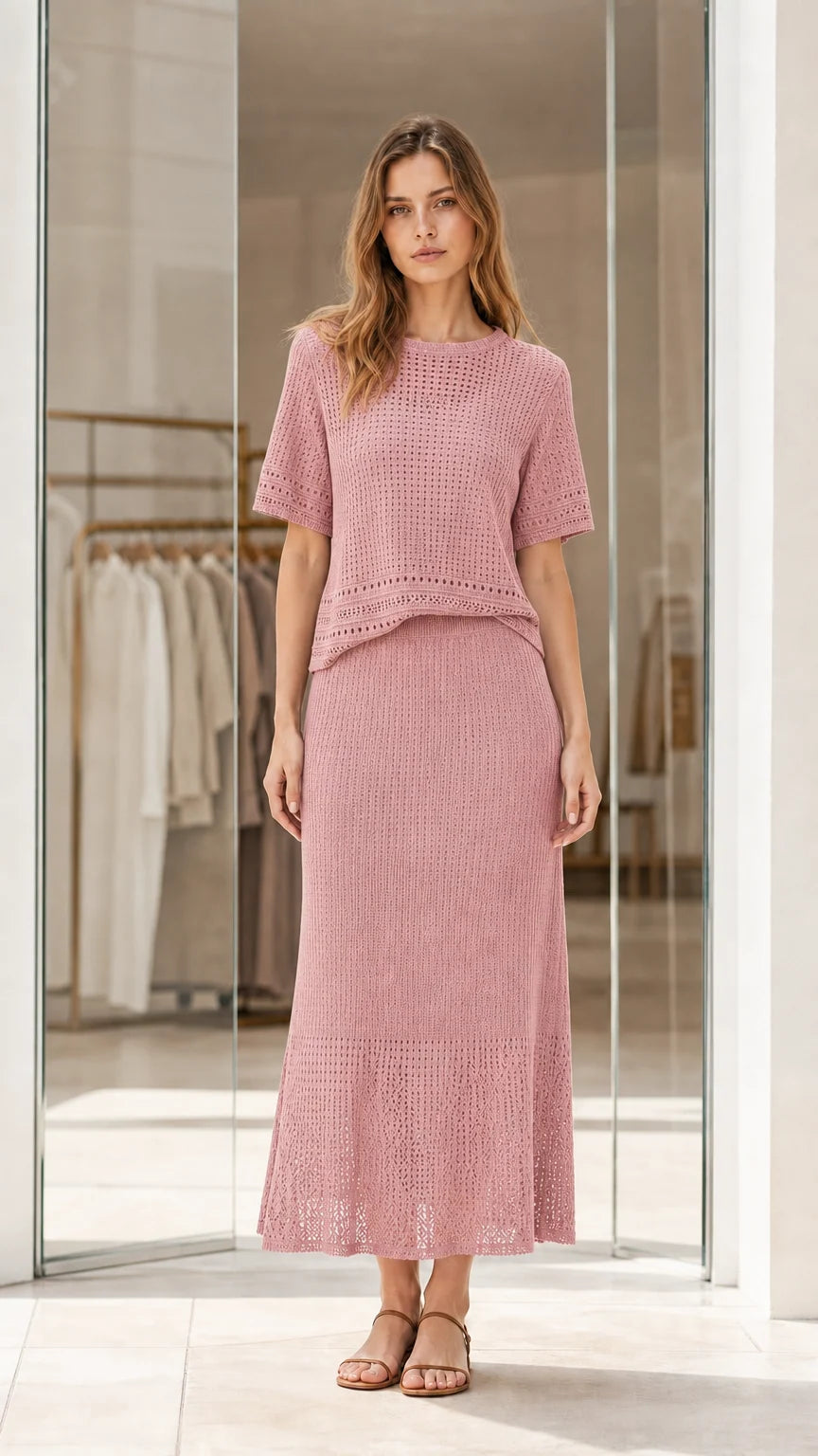 Full front view of dusty pink pointelle knit two-piece matching skirt set