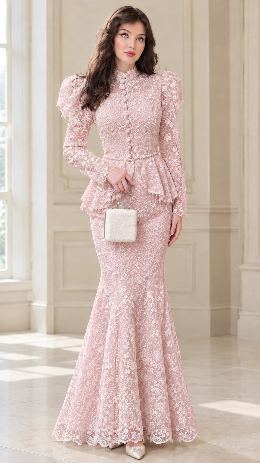 Model wearing Blush Pink long sleeve lace peplum maxi gown