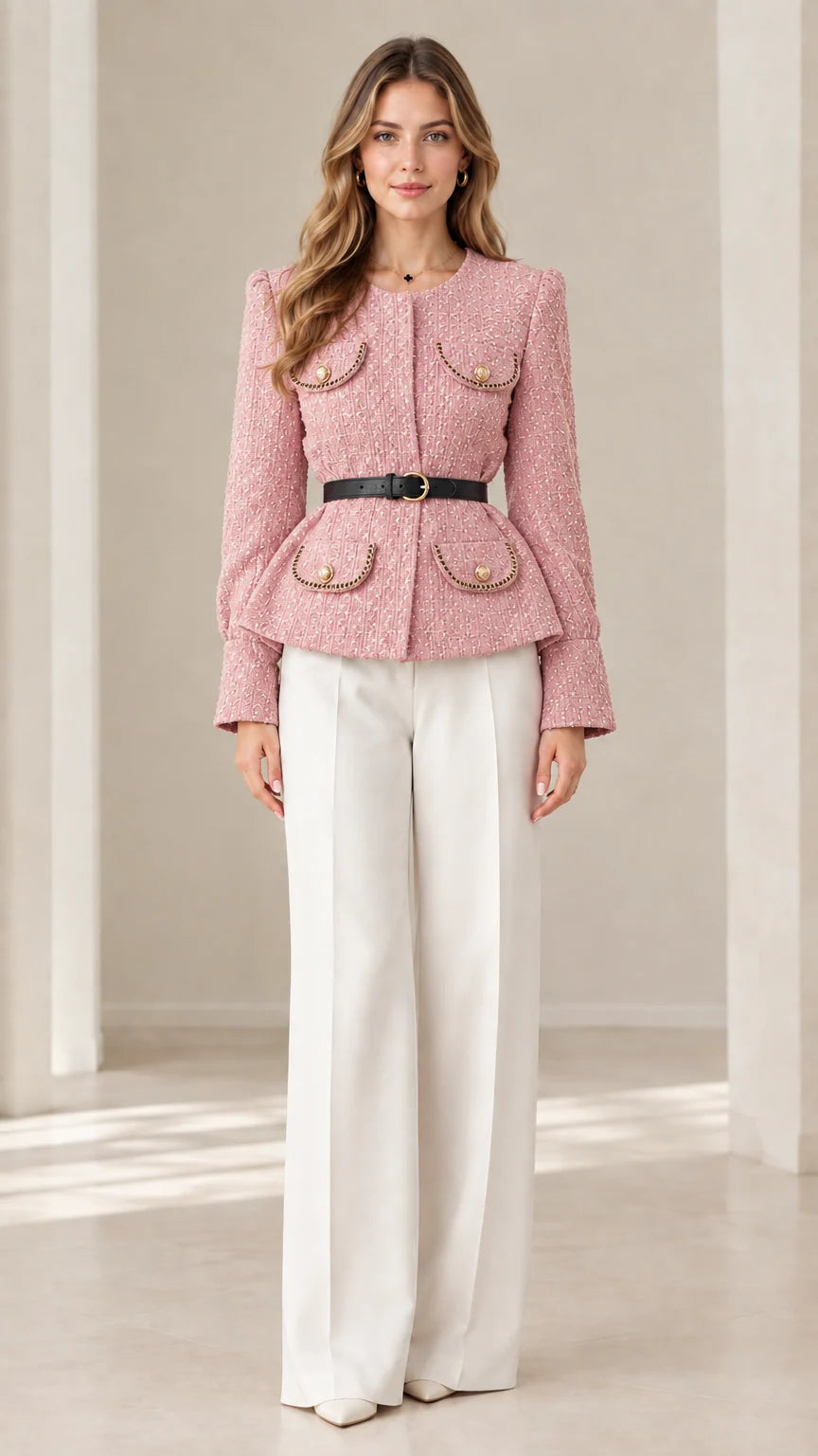 Front view of model wearing pastel pink tweed belted peplum jacket