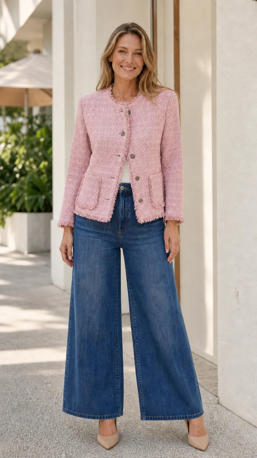Model wearing pink fringe-trim tweed jacket