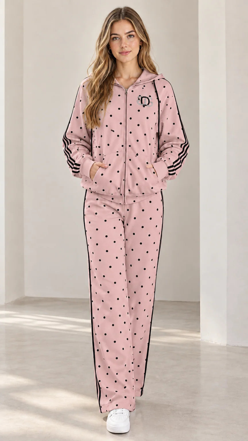 Model wearing dusty pink polka dot hooded tracksuit set with dark contrast stripes
