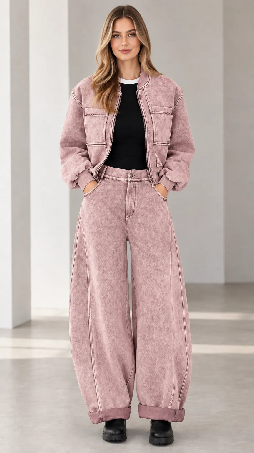 Full front view of dusty pink mineral wash denim jacket and pants matching set