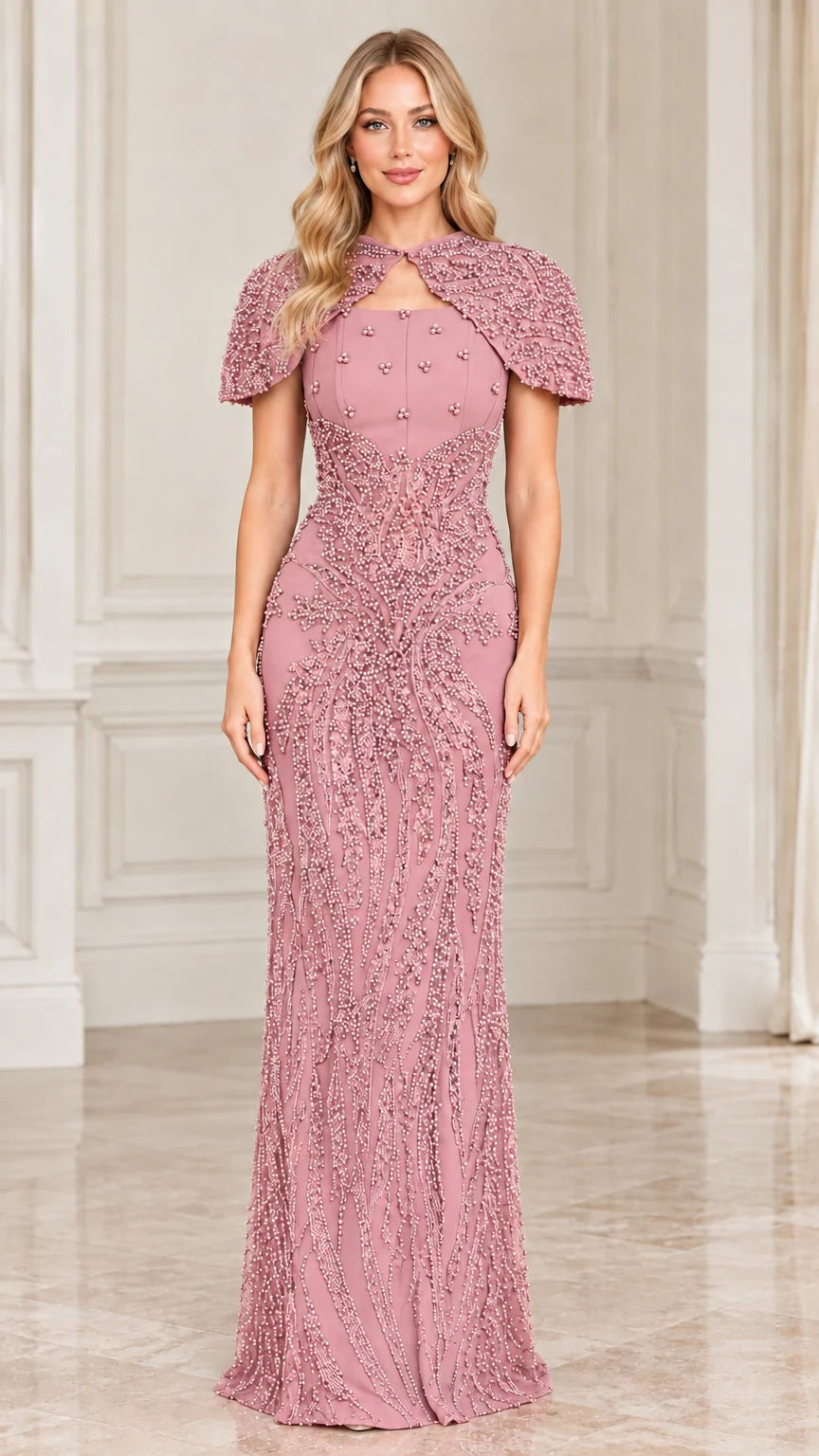 Dusty rose pink beaded capelet column formal gown front view