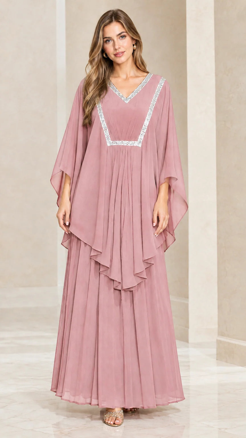 Dusty pink embroidered trim layered kaftan maxi dress