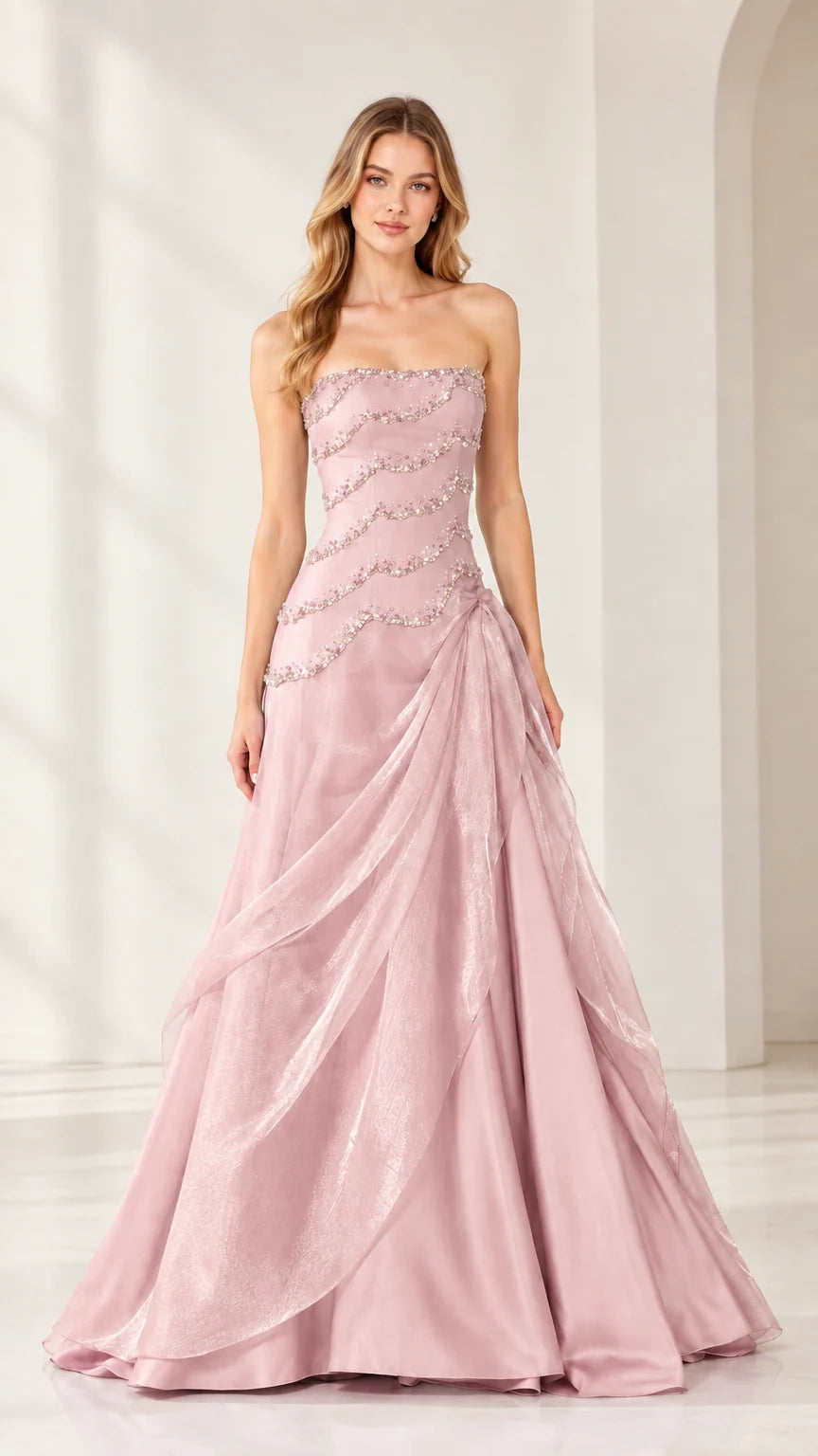 Full-length view of strapless beaded A-line formal gown in Blush Pink