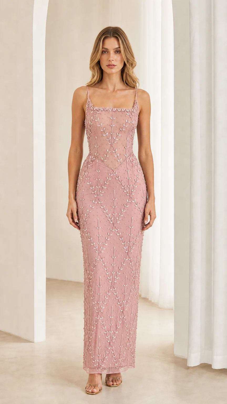 Front view of model wearing Dusty Pink beaded corset column dress