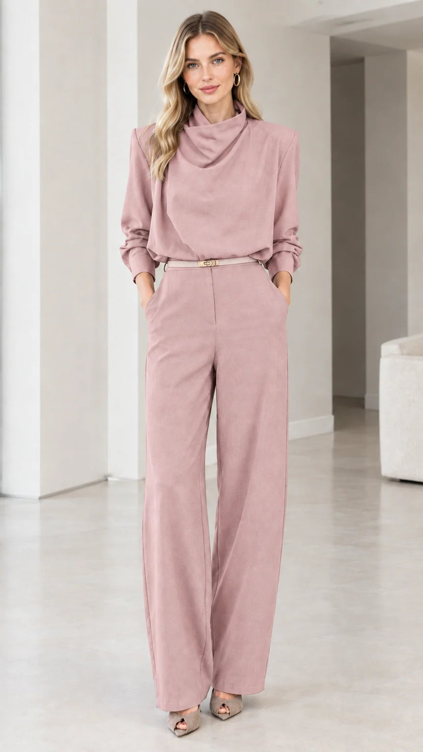 Dusty Pink Long Sleeve Cowl Neck Wide Leg Belted Jumpsuit