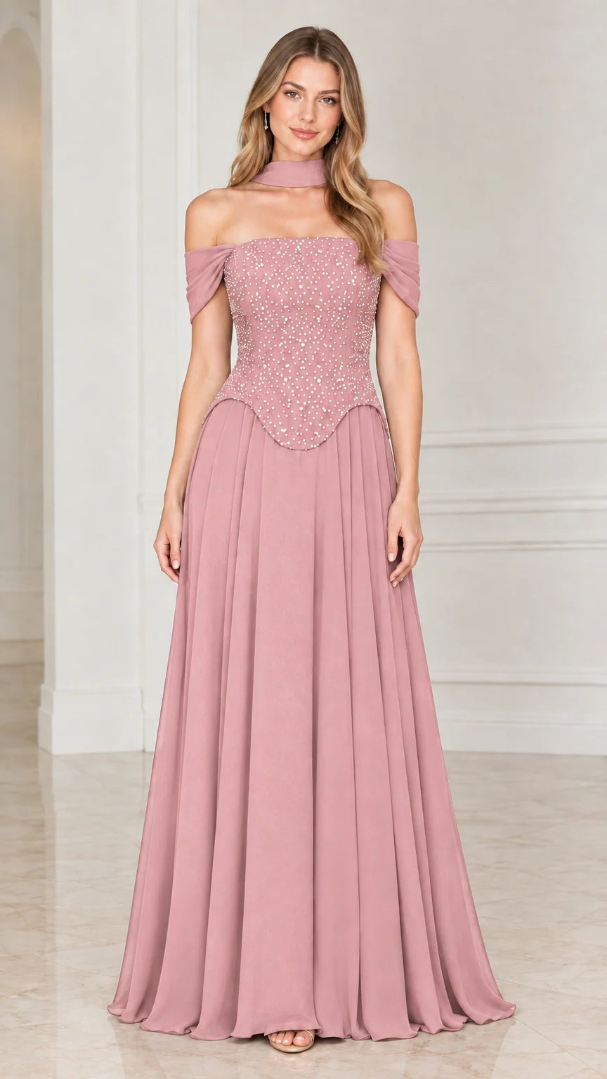 Dusty rose off-the-shoulder beaded A-line chiffon formal dress with choker collar