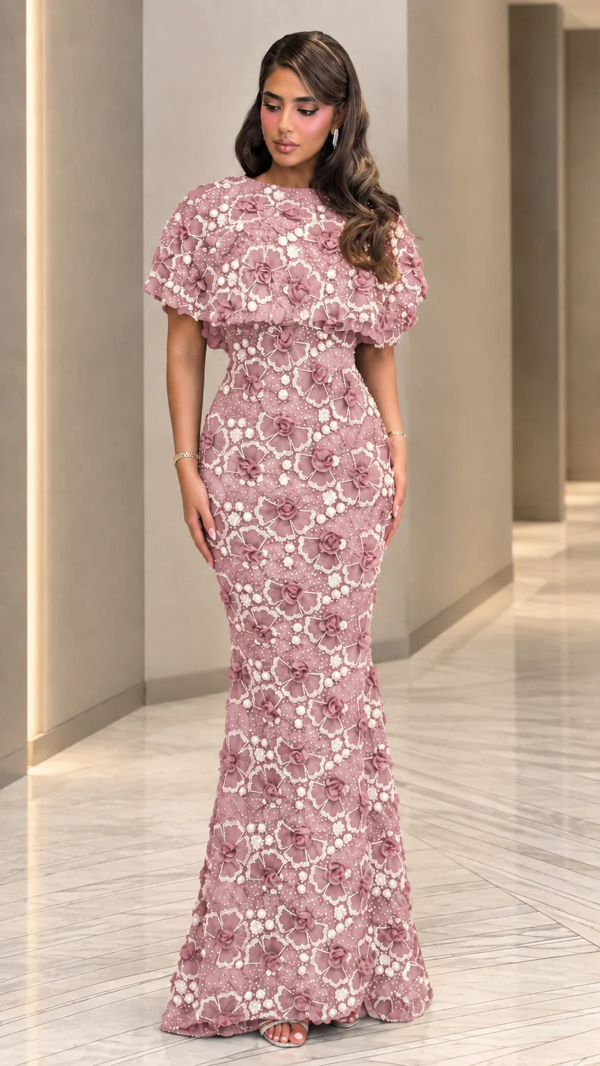 Full front view of dusty rose pink floral beaded mermaid evening gown