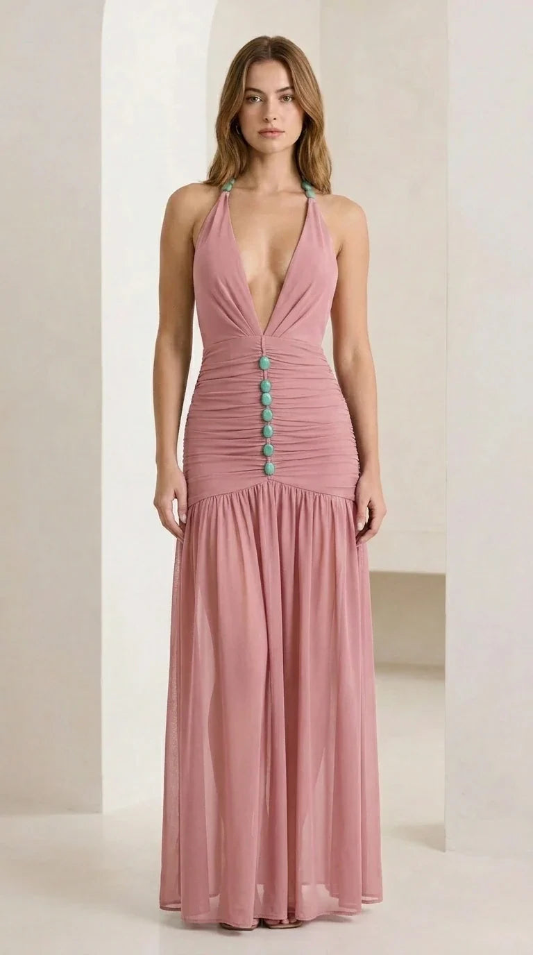 Front view of pink halter neck ruched maxi dress