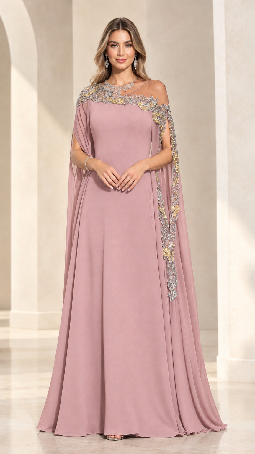 Front view of model wearing Dusty Rose Embroidered Cape Evening Gown