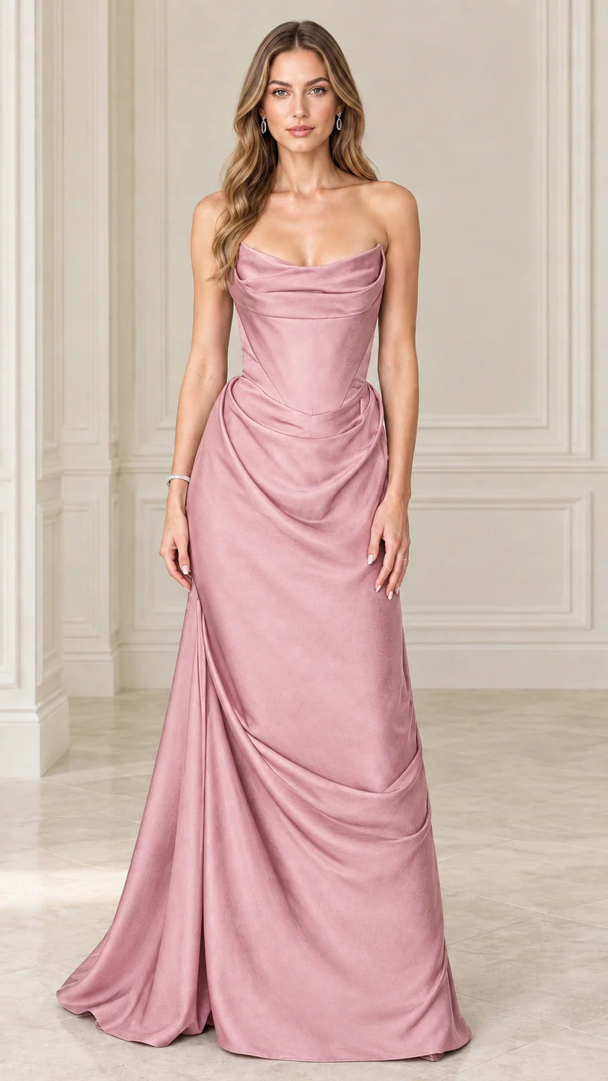 Model wearing dusty pink strapless satin corset draped maxi dress