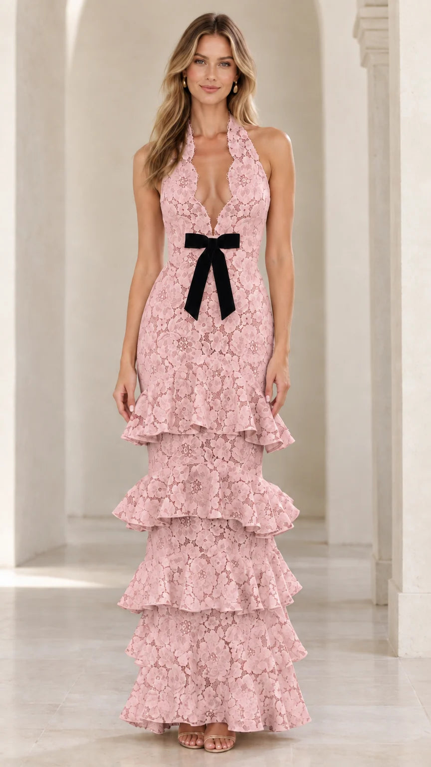 Blush pink floral lace halter tiered evening gown with contrast black velvet bow