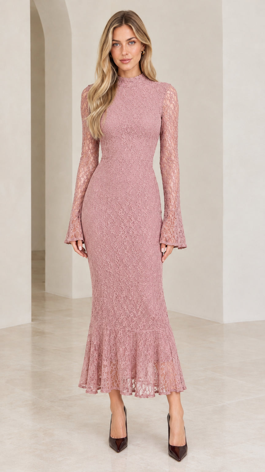Front view of woman wearing dusty rose lace mock neck long sleeve mermaid dress