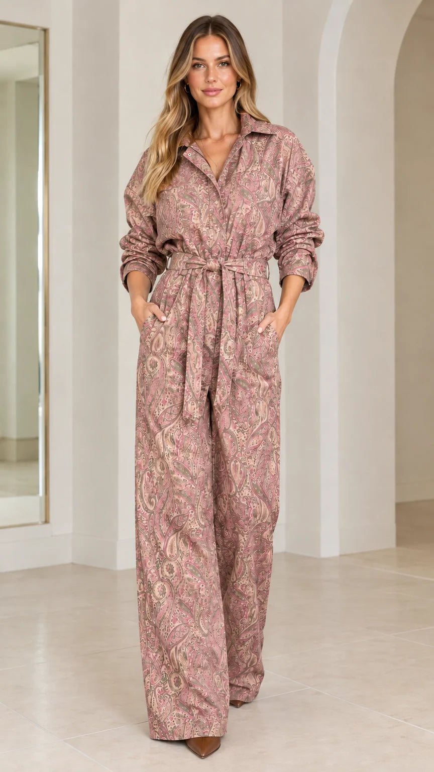 Woman wearing dusty pink paisley long sleeve collared jumpsuit