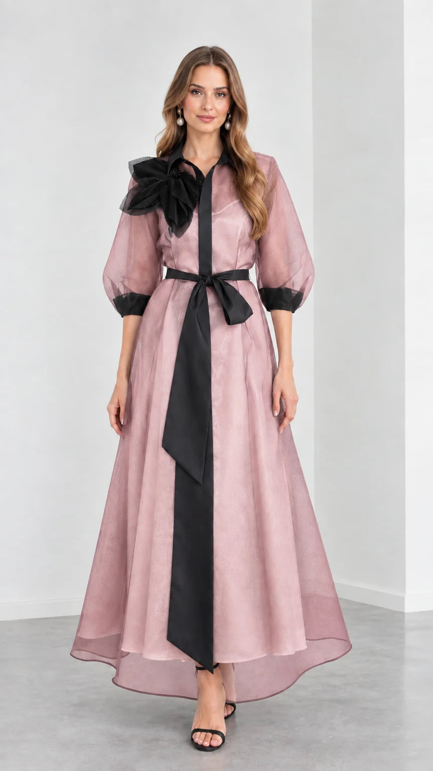Front view of model wearing Dusty Pink organza maxi shirt dress with black contrast tie waist