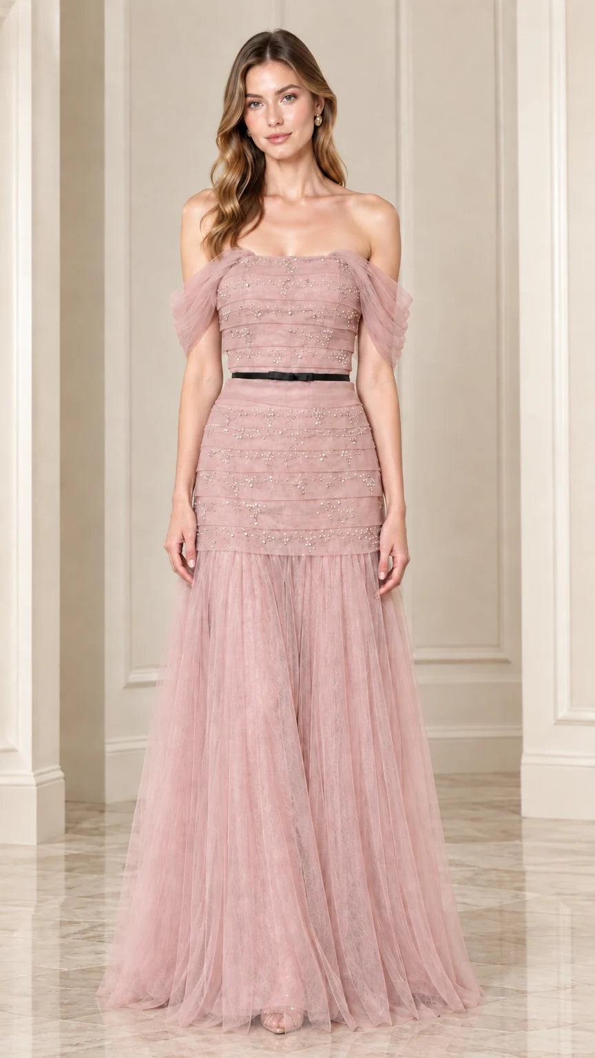 Full-length front view of dusty rose pink off-the-shoulder beaded tulle evening gown
