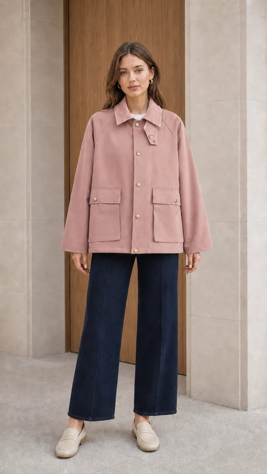 Full body view of model wearing dusty pink corduroy collar utility jacket